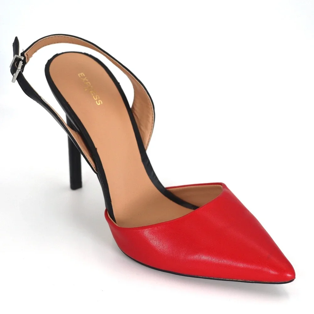 Express Slingback Pumps Womens 10 Red Black Stiletto Pointed Toe Dress Heels